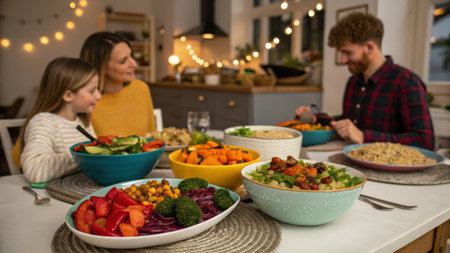 Portrait of happy family eating healthy food at home. Selective focus.の素材