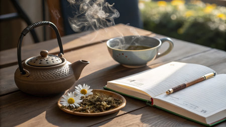 Cup of tea with book and teapot on wooden tableの素材