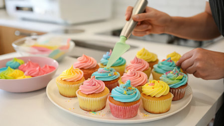 Woman decorating cupcakes in kitchen, closeup. Food designの素材