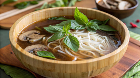Mushroom noodle soup in wooden bowl with fresh basil leafの素材