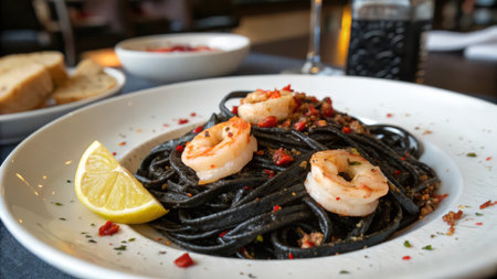 Black spaghetti with shrimps, prawns and lemon.の素材