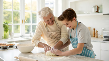 Grandmother and grandson kneading dough in the kitchen at homeの素材