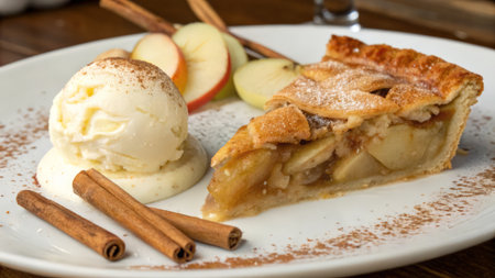Apple pie with ice cream and cinnamon sticks on a white plate.の素材