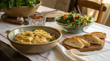 Tortellini pasta with herbs and vegetables in rustic styleの素材