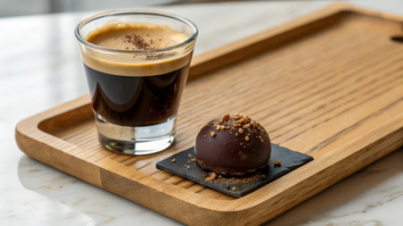 Coffee in a glass with chocolate truffle on wooden plateの素材