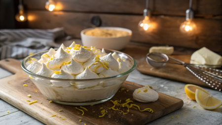 Lemon meringue in a glass bowl on a wooden background.の素材