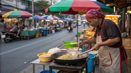 Unidentified Thai street vendor selling food on the street in Bangkok, Thailand.の素材