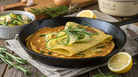 Homemade crepes with zucchini and herbs in a frying panの素材