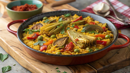 Traditional Spanish paella with rice, vegetables and meat on wooden boardの素材