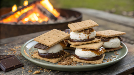 Sandwiches with ice cream and chocolate on a plate in front of a fireの素材