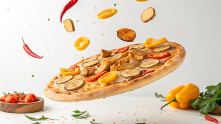 Pizza with flying ingredients on white background, close-up.の素材