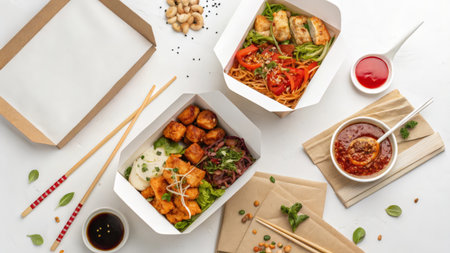 top view of take away food in boxes with chopsticks on white backgroundの素材