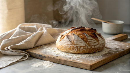 Sourdough bread on a cutting board with a white clothの素材