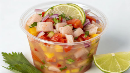 Fresh fish salad with tomato, onion, cucumber, pepper and limeの素材