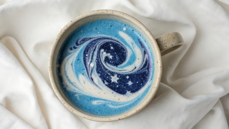 Cup of coffee with blue pattern on white fabric, stock photoの素材