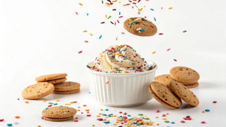 ice cream with sprinkles and cookies on a white background, close upの素材