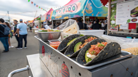 Tacos and guacamole at a street food festivalの素材