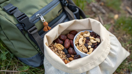 Mixed nuts in a bag on a hike in the woods.の素材