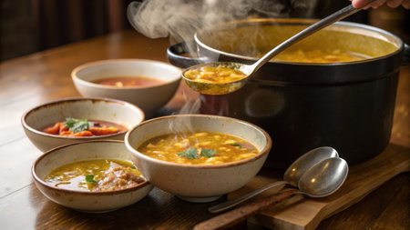 Thai spicy soup with pork and vegetable in bowl on wooden tableの素材