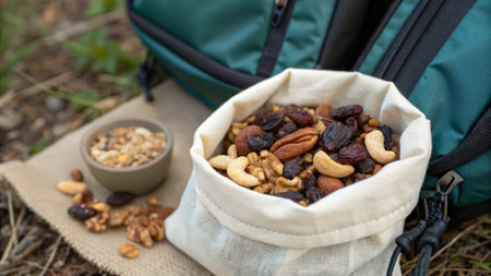 Hiking in the woods with a backpack and a bowl of nutsの素材