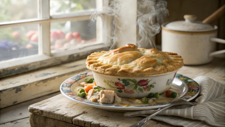 Chicken pot pie with peas and carrots on a rustic wooden tableの素材