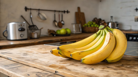 Bunch of bananas on a wooden table in a modern kitchen.の素材
