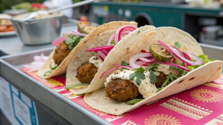 Traditional mexican tacos with falafel and vegetables on displayの素材