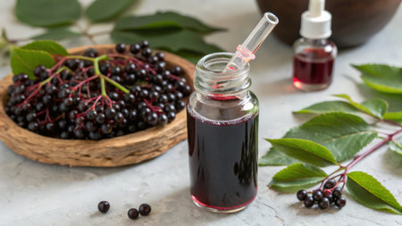 Elderberry syrup in a glass bottle and fresh elderberry berriesの素材