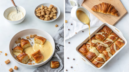 Collage of homemade croissants with butter and honey on white backgroundの素材