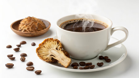 Cup of coffee and mushrooms on a white background, close upの素材