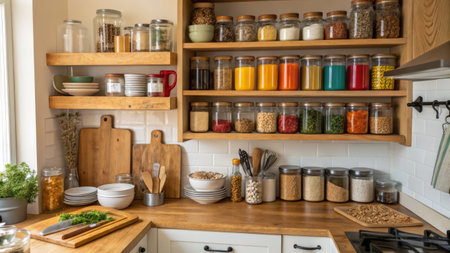 Kitchen interior with wooden shelves full of different spices and cerealsの素材