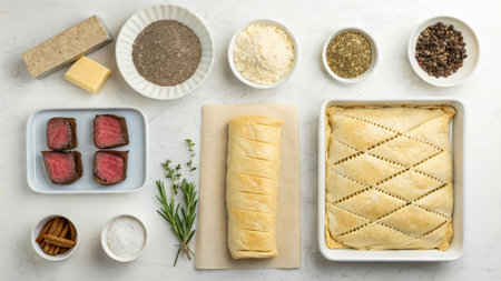 Top view of ingredients for homemade meat pie on white background, flat layの素材