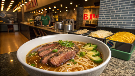 Japanese ramen noodle soup with beef in japanese restaurantの素材
