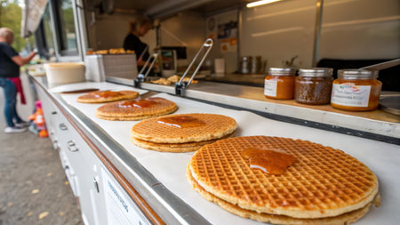 Freshly baked belgian waffles on display at Borough Market in London, UK.の素材