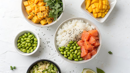Hawaiian poke bowl with salmon, mango, avocado, rice and vegetablesの素材