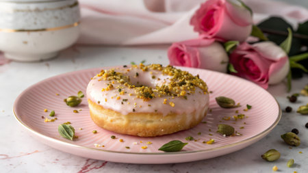 Pink donut with pistachios and cream on a pink plateの素材