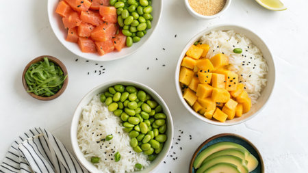 Healthy breakfast bowl with salmon, avocado, edamame beans and riceの素材