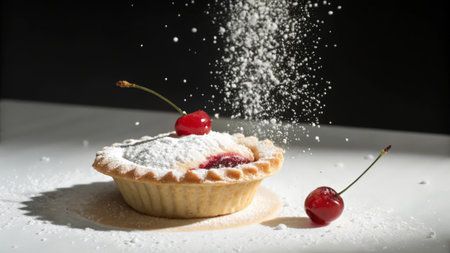 Cherry tart with powdered sugar on a black background, close-upの素材