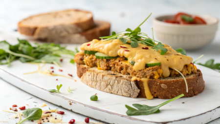 Sandwich with scrambled eggs, zucchini, cheese and arugulaの素材