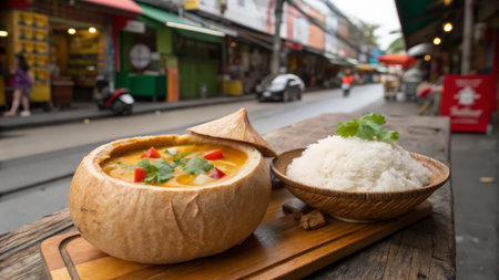 Coconut chicken curry in coconut shell with rice and street backgroundの素材