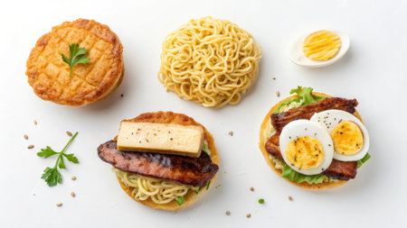 Sandwiches with grilled eel, egg and cheese on white backgroundの素材