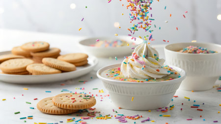 Vanilla ice cream with rainbow sprinkles and cookies on a white backgroundの素材
