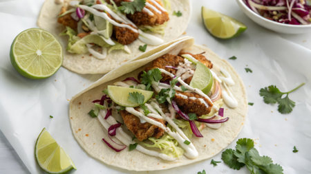 Mexican tacos with chicken and vegetables on white table, closeupの素材