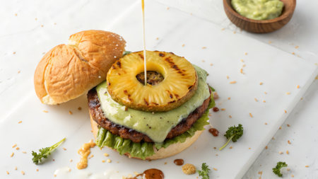 Homemade hamburger with avocado sauce and pineapples on white tableの素材