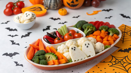 Healthy meal for Halloween. Healthy food for kids. Vegetables and fruits for Halloween party.の素材