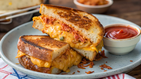 Sandwich with cheese, bacon and tomato sauce on a plate.の素材