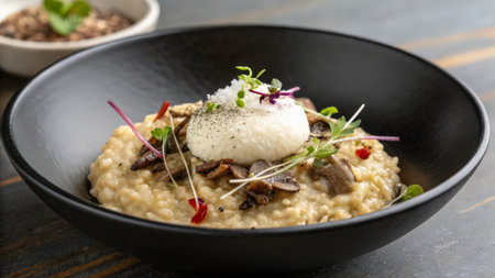 Risotto with poached egg and mushrooms in a black bowlの素材