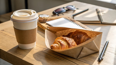 Coffee and croissants in a paper cup on the tableの素材