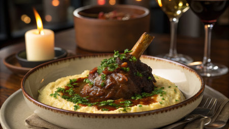 Beef Bourguignon with mashed potatoes, garnished with parsleyの素材