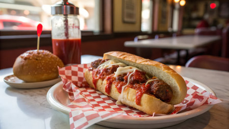Hot dog with sausage and tomato sauce on a table in a restaurantの素材